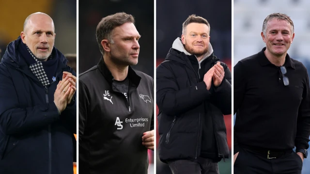 (L-R) Philippe Clement of Norwich, John Eustace of Derby, Kim Hellberg of Middlesbrough and Phil Parkinson of Wrexham.