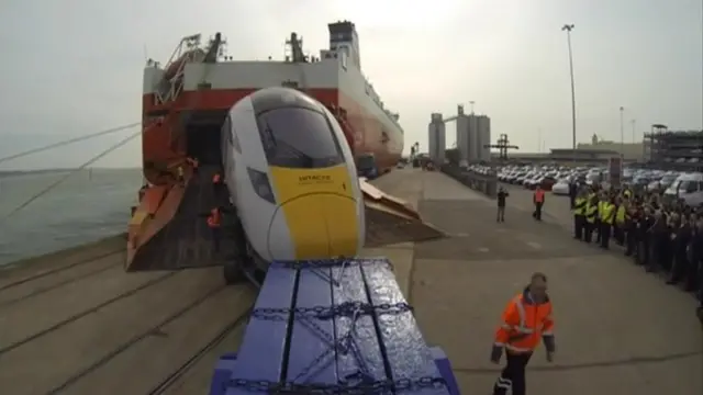 Hitachi Inter City Express trains being taken off a boat