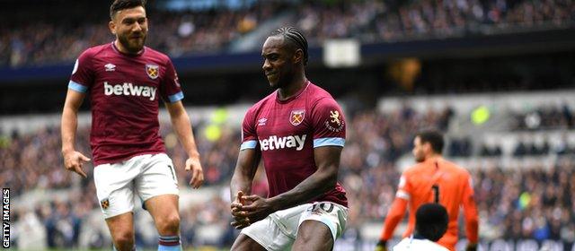 Michail Antonio scores for West Ham against Spurs