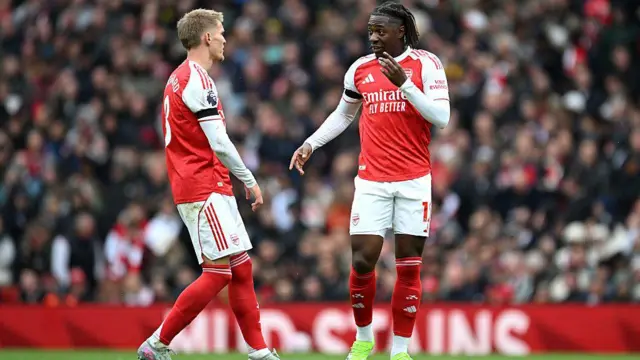  Martin Odegaard and Eberechi Eze of Arsenal