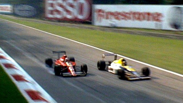 Thierry Boutsen (r) passes Nigel Mansell (l) at the Italian Grand Prix