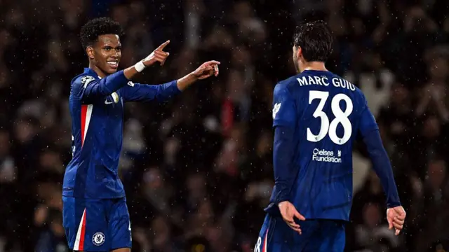 Estevao of Chelsea celebrates with teammate Marc Guiu