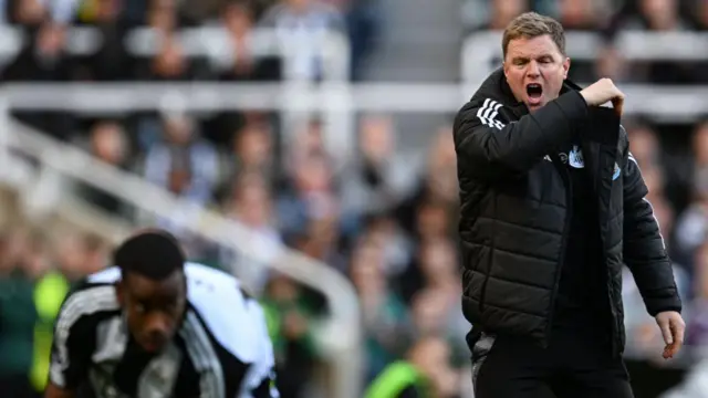 Newcastle United Head Coach Eddie Howe gestures from the sidelines