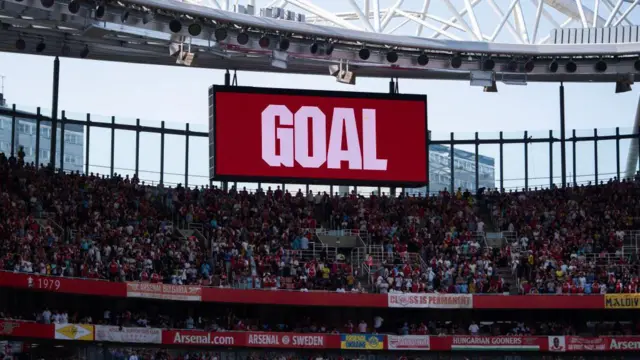 A general view of the electronic screen at Emirates Stadium displaying the word 'goal'