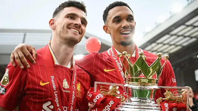 Trent Alexander-Arnold and Andy Robertson hold the Premier League trophy