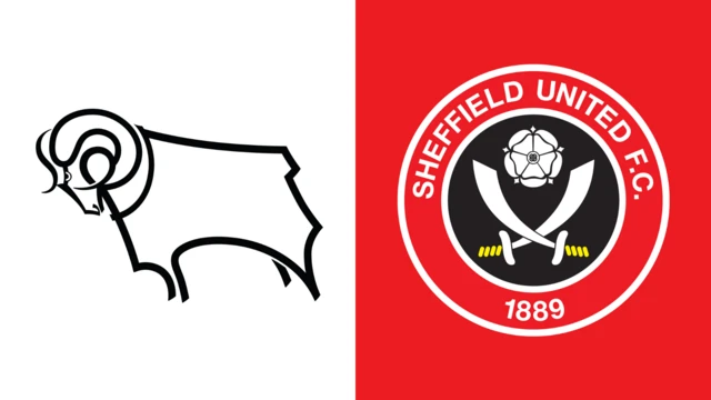 The club badges of Derby County and Sheffield United side by side. Derby's is on a white background and Sheffield United's on a red background