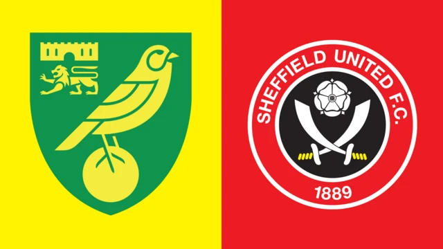 The Norwich City and Sheffield United club badges side by side. The Norwich one shows a yellow canary perched on a football on a green background. Sheffield United has crossed blades below a white rose on a black background with a red circle around it it