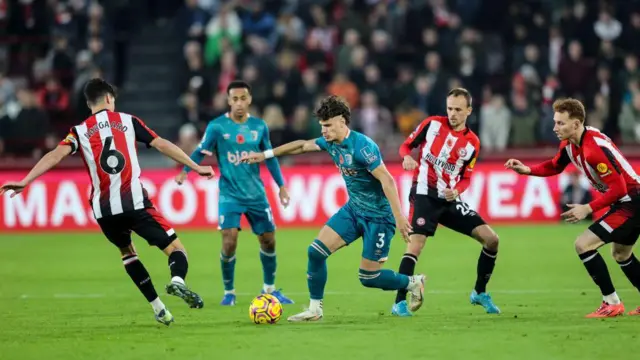 Milos Kerkez on the ball during Brentford v Bournemouth 