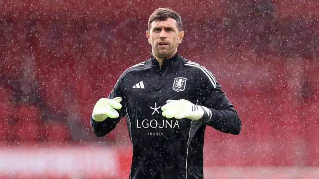 Emiliano Martinez of Aston Villa warms up