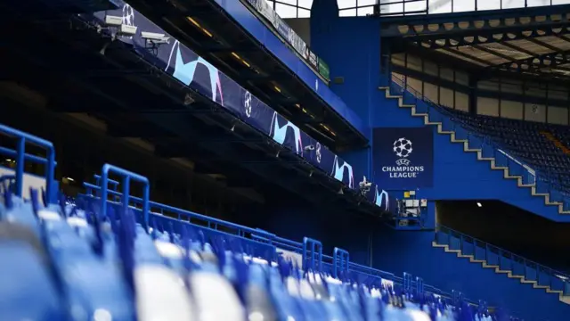 A general view of Champions League branding inside Stamford Bridge