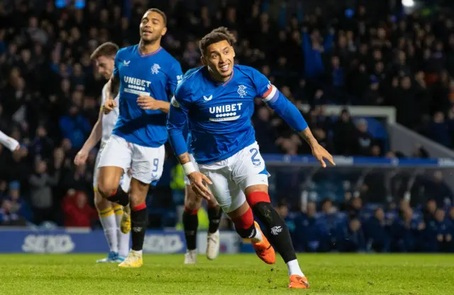 Rangers captain celebrates after scoring for Rangers against St Johnstone