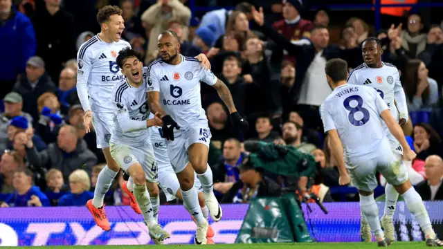 Jordan Ayew of Leicester City celebrates a goal for the Foxes