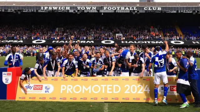 Ipswich Town players celebrate promotion