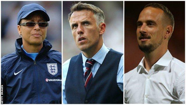 Hope Powell (left), Phil Neville (centre) and Mark Sampson (right)