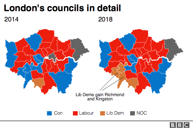 Map of London indicating Liberal Democrat gains in Richmond and Kingston