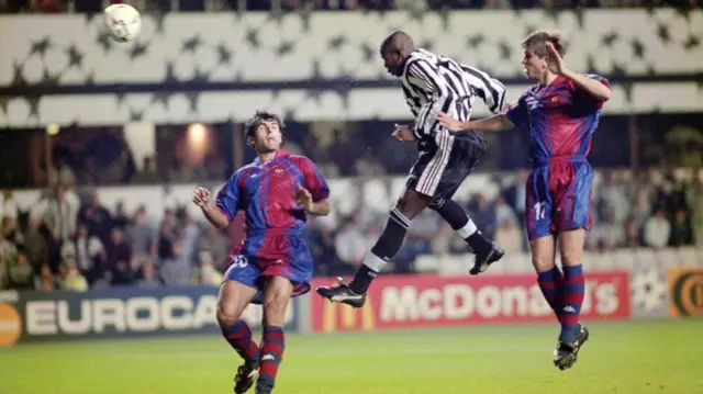 Tino Asprilla scores for Newcastle against Barcelona