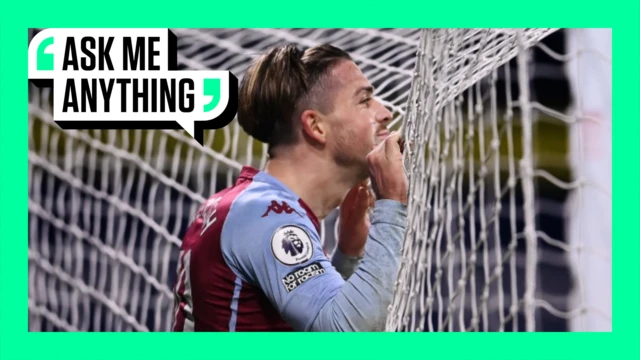 Jack Grealish pictured during his Aston Villa playing days on an Ask Me Anything graphic with a green border