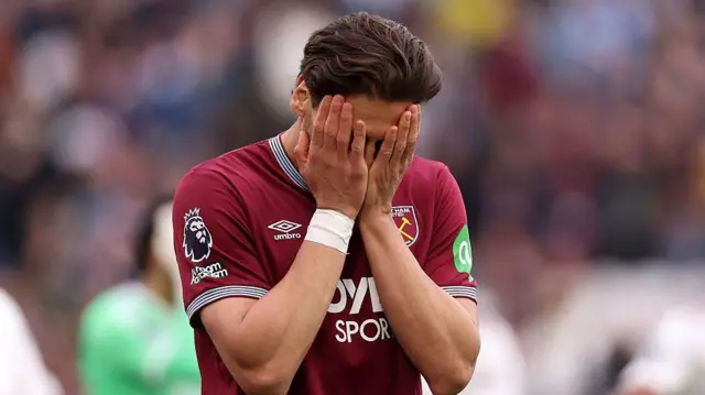 Konstantinos Mavropanos of West Ham United looks dejected