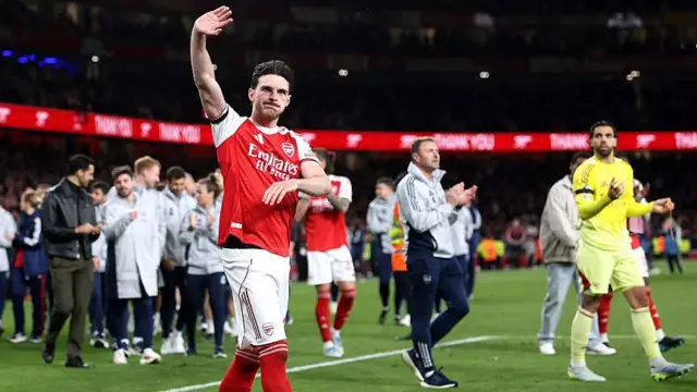 Declan Rice of Arsenal waves to the fans after the team's victory in the Premier League match against Burnley