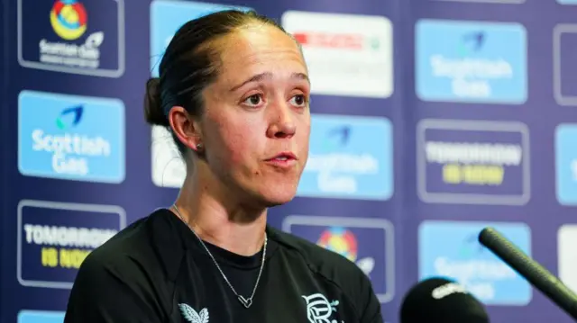Rangers head coach Jo Potter addressing the media at Hampden
