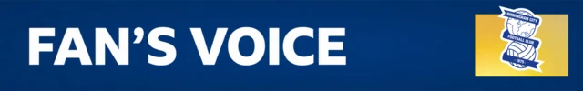 A blue banner with 'fan's voice' written in white letters and the Birmingham City club badge on top of a yellow square on the right of the banner