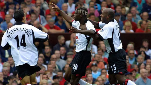 Fulham's Louis Saha celebrates scoring against Manchester United