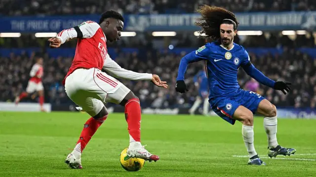 Bukayo Saka and Marc Cucurella in action