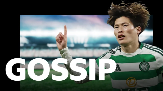 BBC Sport’s football gossip graphic and striker Kyogo Furuhashi celebrating a goal for Celtic in January 2025