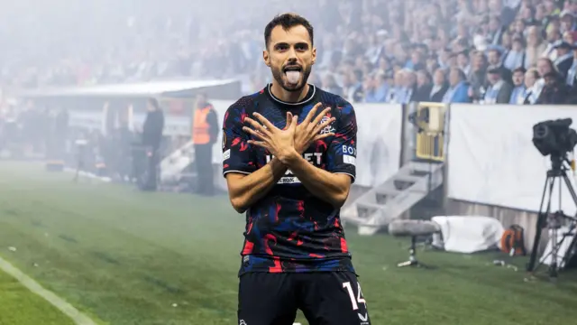  Rangers' Nedim Bajrami celebrates scoring to make it 1-0 during a UEFA Europa League Matchday One League Phase match between Malmo FF and Rangers at the Eleda Stadion, on September 26, 2024, in Malmo, Sweden.