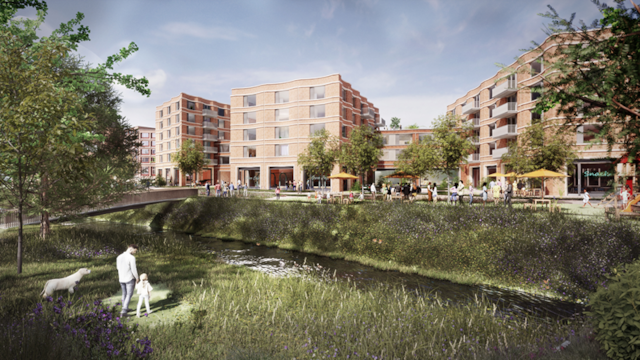 An artist's impression of a waterside development showing a river with a grass bank in the foreground and multistorey modern buildings in the background. People are shown walking in public areas, including an adult, child and dog in the foreground. There is a pedestrian bridge over the river.