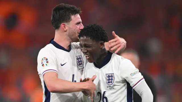 England players Declan Rice and Kobbie Mainoo celebrate victory over the Netherlands