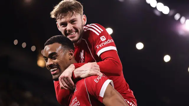 Ryan Gravenberch and Conor Bradley celebrate a goal for Liverpool