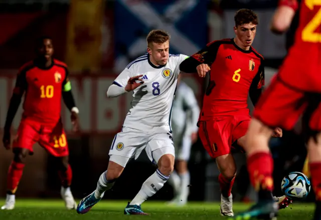 Arne Engels in action during a Euro Under-21s Qualifier between Scotland and Belgium last year