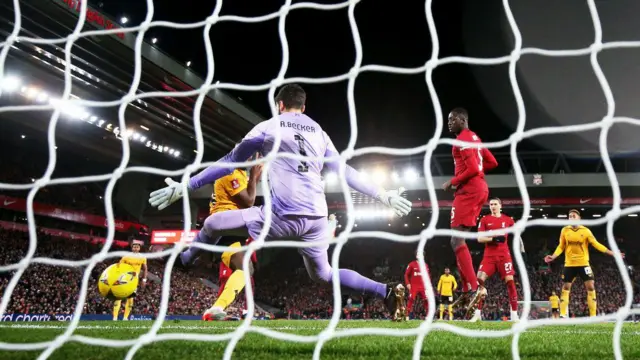 Toti Gomes scores at Anfield but the goal is ruled out for offside