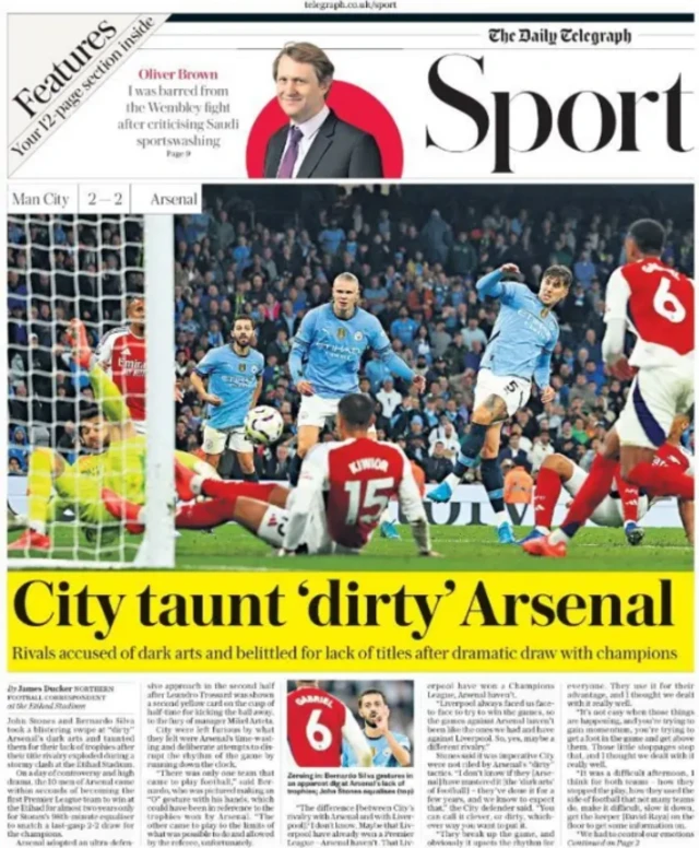 Back page of Daily Telegraph reacting to Man City 2-2 Arsenal