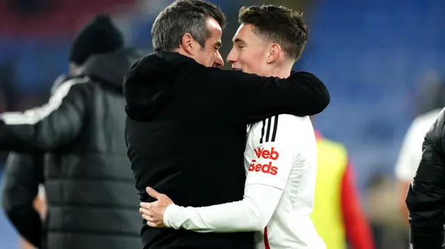 Harry Wilson and Marco Silva embrace after a Fulham win