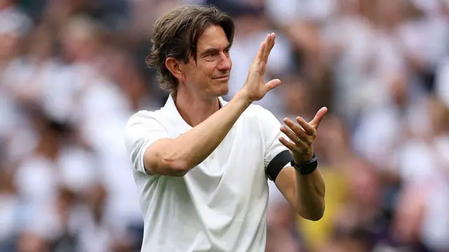 Thomas Frank, Manager of Tottenham Hotspur, celebrates following the team's victory in the Premier League match between Tottenham Hotspur and Burnley at Tottenham Hotspur Stadium