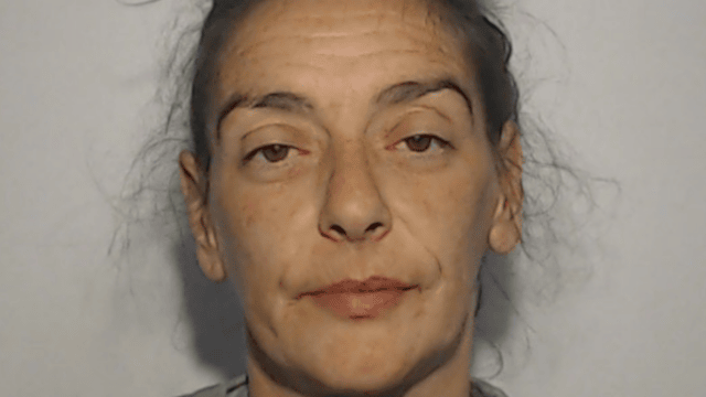 A mugshot of a middle-aged woman. She has dark hair in a bun on her head and a blank expression.
