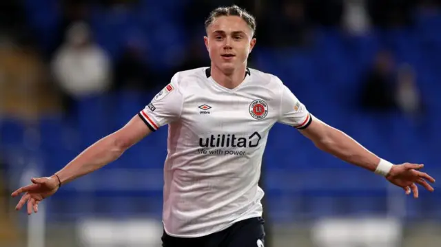 Thelo Aasgaard celebrating scoring a goal in Luton's win at Cardiff