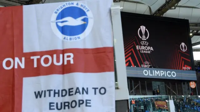 A Brighton flag celebrating Europa League football