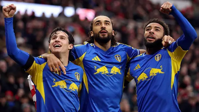 Dominic Calvert-Lewin of Leeds United celebrates scoring his team's second goal with teammates