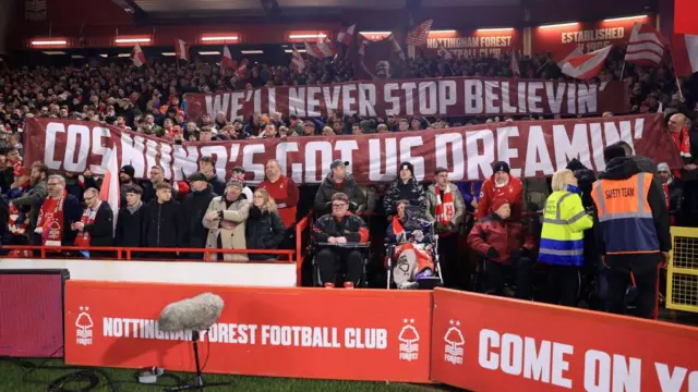 Nottingham Forest fans display a banner in support of former Nottingham Forest manager Nuno Espirito Santo