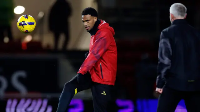 Delano Burgzorg kicks the ball as he warms up on the pitch at Ashton Gate