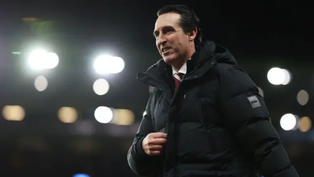 Unai Emery, manager of Aston Villa, walks down the touchline
