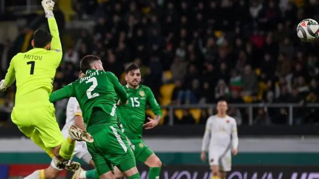 Matt Doherty of Republic of Ireland scores his side's second goal, past Bulgaria goalkeeper Dimitar Mitov