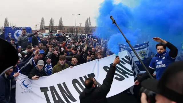 Cardiff City fans protest on their march