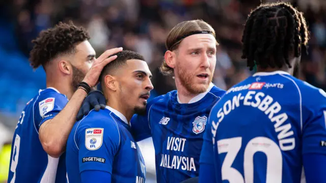 Karlan Grant celebrates scoring with Cardiff City team-mates