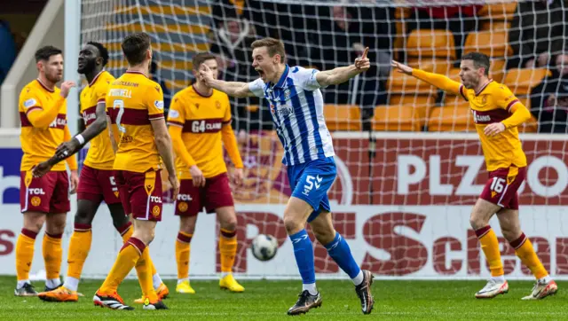 Lewis Mayo celebrates scoring against Motherwell