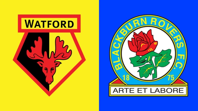 Side-by-side of Watford and Blackburn Rovers club badges