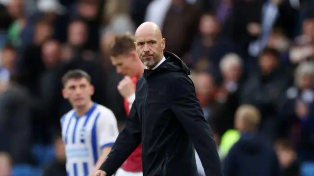 Erik ten Hag, Manager of Manchester United, shows dejection following defeat to Brighton & Hove Albion